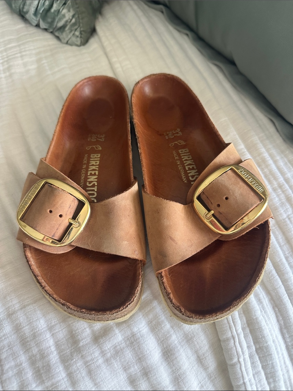 Birkenstock Single Strap Slide Sandals in Cognac Brown with Big Gold Buckles